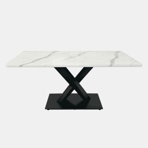 Mesa de jantar retangular moderna para 6 a 8 pessoas - Mesa de cozinha grande com tampo em MDF e base metálica preta - Mesa de madeira com padrão de mármore branco - Suporte em forma de X - Preto e branco