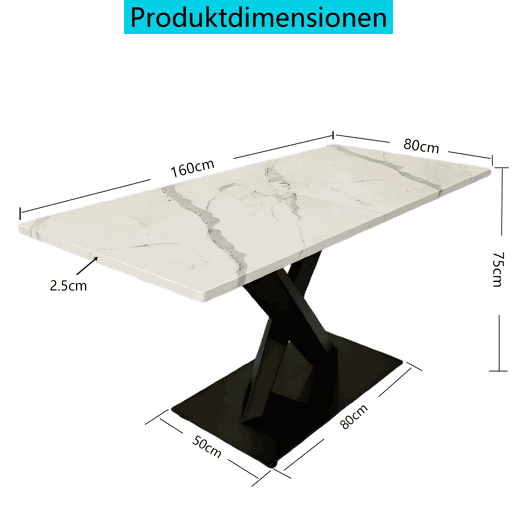 Mesa de jantar retangular moderna para 6 a 8 pessoas - Mesa de cozinha grande com tampo em MDF e base metálica preta - Mesa de madeira com padrão de mármore branco - Suporte em forma de X - Preto e branco