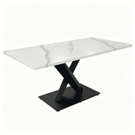 Mesa de jantar retangular moderna para 6 a 8 pessoas - Mesa de cozinha grande com tampo em MDF e base metálica preta - Mesa de madeira com padrão de mármore branco - Suporte em forma de X - Preto e branco