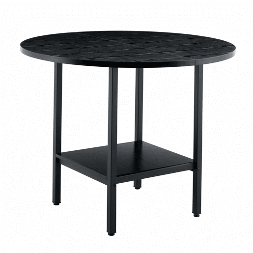 Mesa de jantar redonda - para 4 a 6 pessoas, com prateleira de arrumação, efeito de madeira preta e estrutura metálica - preta