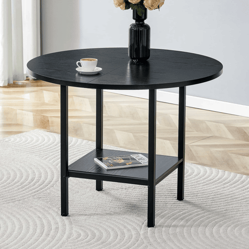 Mesa de jantar redonda - para 4 a 6 pessoas, com prateleira de arrumação, efeito de madeira preta e estrutura metálica - preta