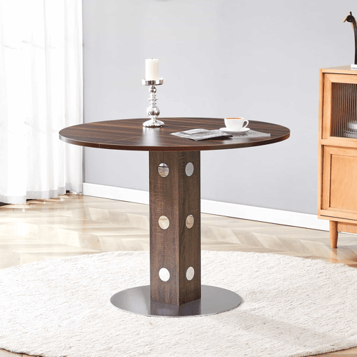 Mesa de jantar redonda de 100 cm - pedestal quadrado, detalhes espelhados, estrutura metálica - nogueira