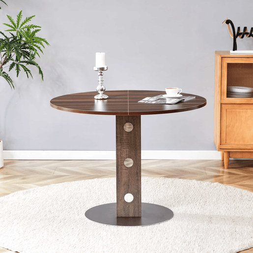 Mesa de jantar redonda de 100 cm - pedestal quadrado, detalhes espelhados, estrutura metálica - nogueira