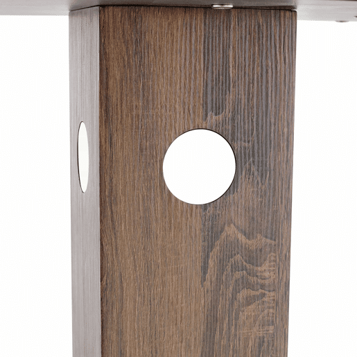 Mesa de jantar redonda de 100 cm - pedestal quadrado, detalhes espelhados, estrutura metálica - nogueira