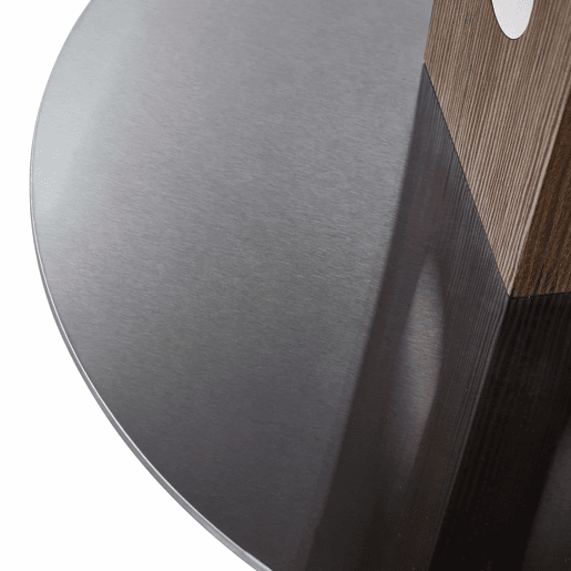 Mesa de jantar redonda de 100 cm - pedestal quadrado, detalhes espelhados, estrutura metálica - nogueira