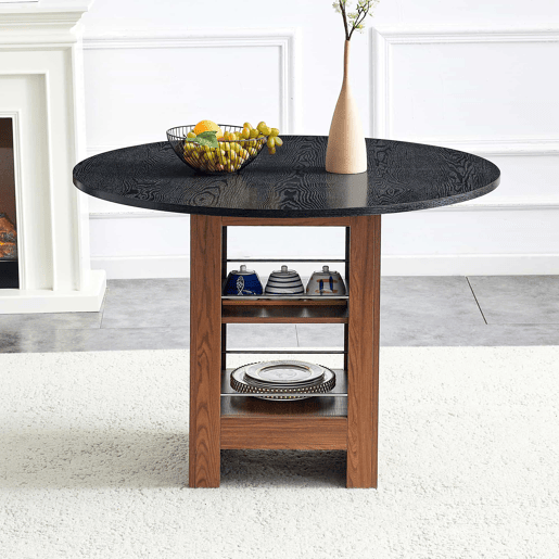 Mesa de jantar redonda de 100 cm u2013 com prateleira de arrumação, estrutura metálica, design moderno para 2 a 4 pessoas u2013 nogueira e preto