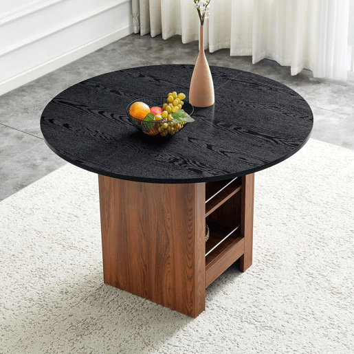 Mesa de jantar redonda de 100 cm u2013 com prateleira de arrumação, estrutura metálica, design moderno para 2 a 4 pessoas u2013 nogueira e preto