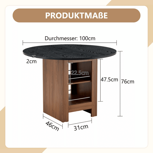 Mesa de jantar redonda de 100 cm u2013 com prateleira de arrumação, estrutura metálica, design moderno para 2 a 4 pessoas u2013 nogueira e preto