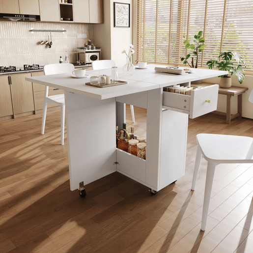 Mesa de jantar dobrável 120x75x75 cm - tampo extensível, 2-4 pessoas, 2 gavetas, espaço aberto, rodízios com travão - Branco