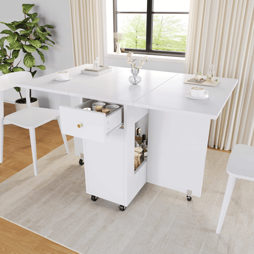 Mesa de jantar dobrável 120x75x75 cm - tampo extensível, 2-4 pessoas, 2 gavetas, espaço aberto, rodízios com travão - Branco
