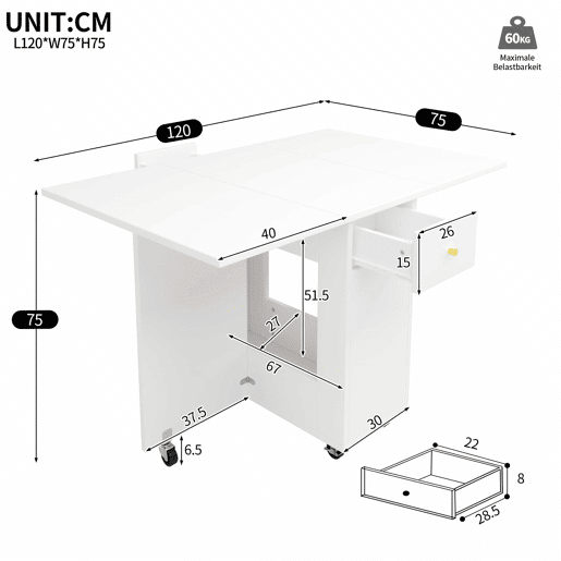 Mesa de jantar dobrável 120x75x75 cm - tampo extensível, 2-4 pessoas, 2 gavetas, espaço aberto, rodízios com travão - Branco