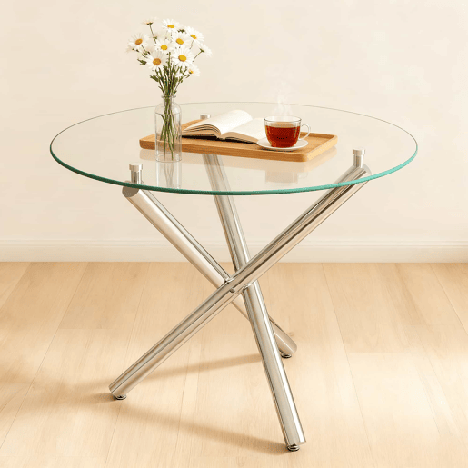 Mesa de jantar redonda 80x80x76 cm - vidro temperado e pés de metal, estilo minimalista moderno - prateada