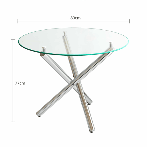 Mesa de jantar redonda 80x80x76 cm - vidro temperado e pés de metal, estilo minimalista moderno - prateada