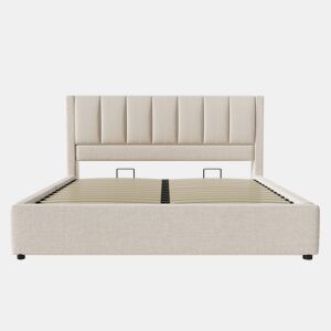 Cama estofada 160x200 cm - Com arrumação, suporte para bebidas e carga, linho bege