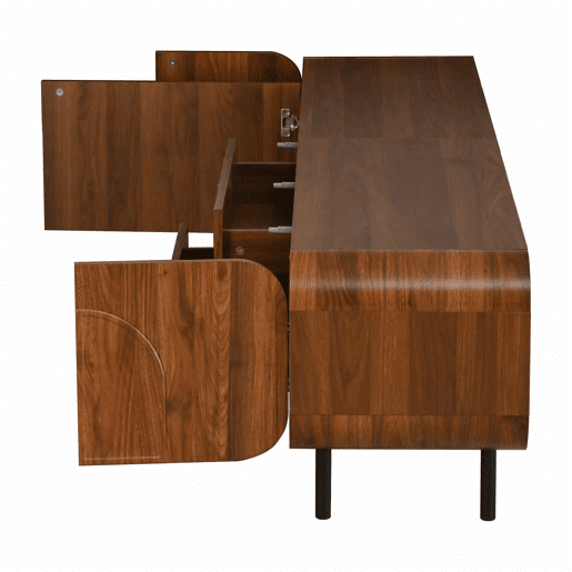 Móvel de TV com 3 portas e 2 gavetas - estilo Mid-Century, ranhuras verticais, relevos em arco, cantos arredondados, pés metálicos, passagem para cabos, móvel de sala - Nogueira