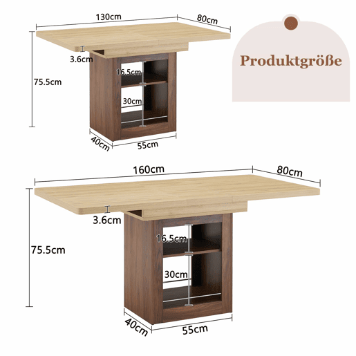 Mesa de jantar extensível 130160 cm - com espaço de arrumação, estrutura em MDF, para 4-8 pessoas - cor madeira naturalnogueira