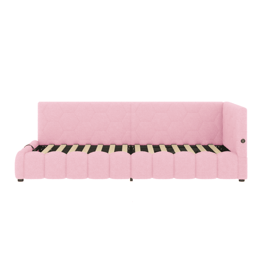 Cama de dia 90x200cm - Sofá-cama, com estrado, luz LED, mecanismo hidráulico, porta USB e Tipo-C, material confortável, feltro - Rosa