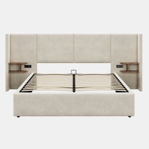 Cama estofada 160x200 cm - hidráulica com USB e tomadas, duas mesinhas com arrumação, estrado de madeira, fácil montagem - Bege