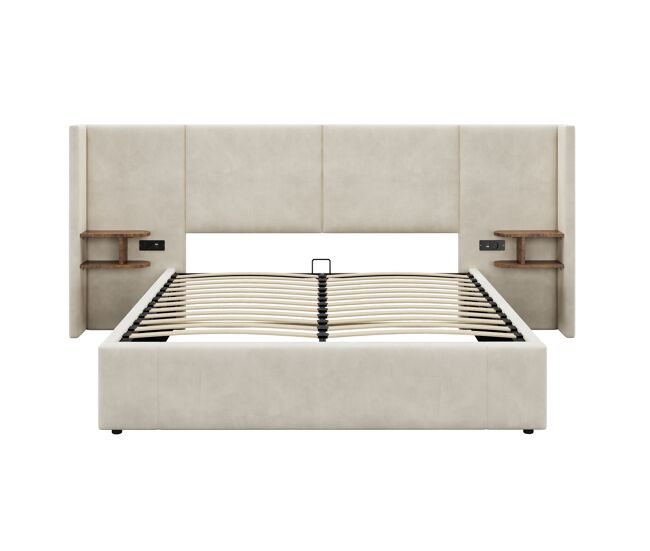Cama tapizada 160x200 cm - hidráulica con usb y enchufes, dos mesitas con almacenamiento, somier de madera, montaje fácil - beige
