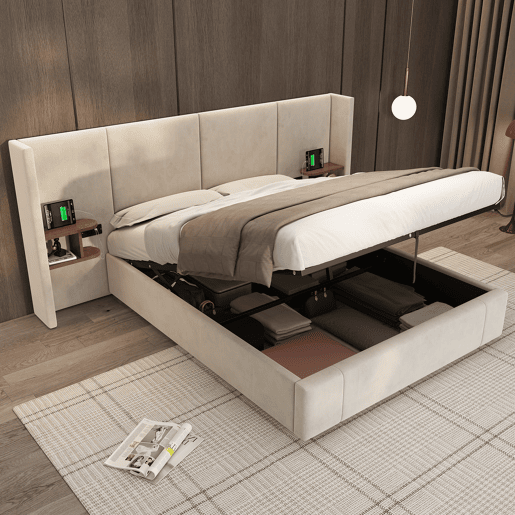 Cama estofada 160x200 cm - hidráulica com USB e tomadas, duas mesinhas com arrumação, estrado de madeira, fácil montagem - Bege