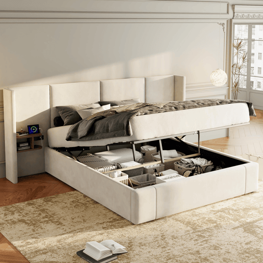 Cama estofada 160x200 cm - hidráulica com USB e tomadas, duas mesinhas com arrumação, estrado de madeira, fácil montagem - Bege