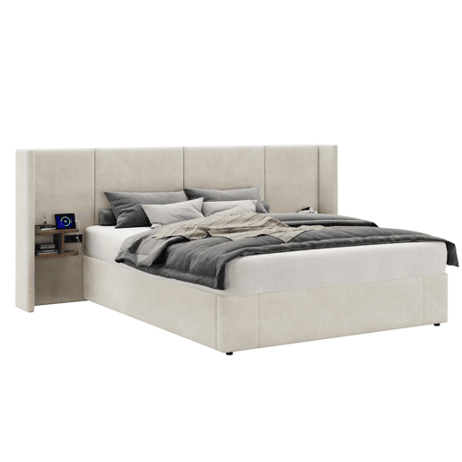 Cama estofada 160x200 cm - hidráulica com USB e tomadas, duas mesinhas com arrumação, estrado de madeira, fácil montagem - Bege