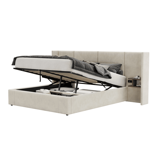 Cama estofada 160x200 cm - hidráulica com USB e tomadas, duas mesinhas com arrumação, estrado de madeira, fácil montagem - Bege