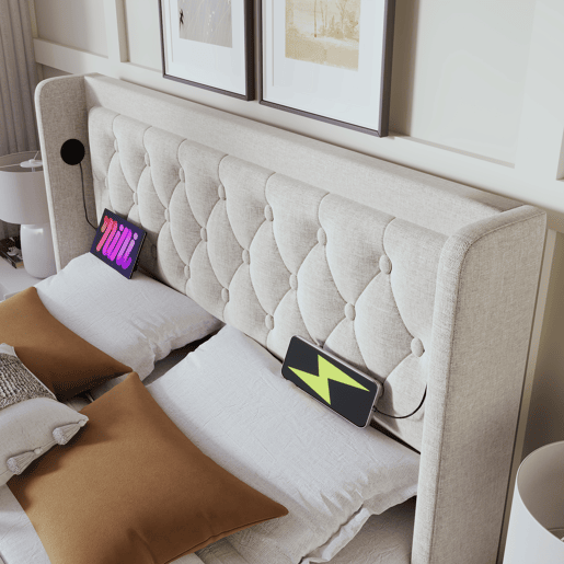 Cama de casal estofada 160x200 cm - armazenamento hidráulico, cabeceira acolchoada com USB e LED em 3 lados - Bege
