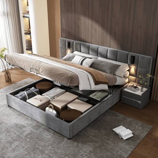 Cama estofada 160*200 - Cama com arrumação hidráulica, candeeiro direcionável e carregador USB, cabeceira acolchoada, padrão xadrez, estrutura em aço - cinzento