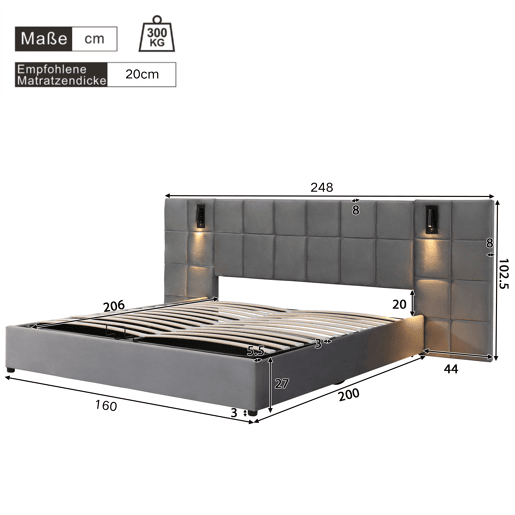 Cama estofada 160*200 - Cama com arrumação hidráulica, candeeiro direcionável e carregador USB, cabeceira acolchoada, padrão xadrez, estrutura em aço - cinzento