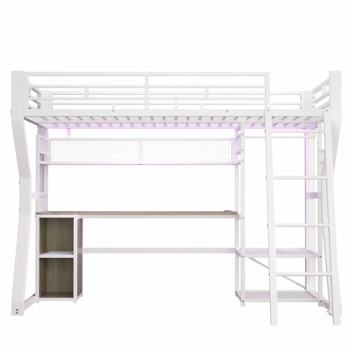 Cama alta 90x200 cm - estructura de hierro con tira de luz led, enchufe integrado, zona de colgar ropa, escritorio, estantes y espacio de