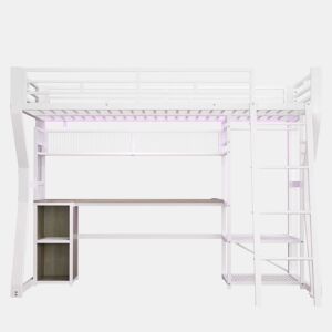 Cama alta 90x200 cm - estrutura em ferro com faixa de luz LED, tomada integrada, zona para pendurar roupa, secretária, prateleiras e espaço de arrumação, espaço aberto na parte inferior - branco