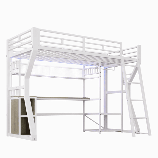 Cama alta 90x200 cm - estrutura em ferro com faixa de luz LED, tomada integrada, zona para pendurar roupa, secretária, prateleiras e espaço de arrumação, espaço aberto na parte inferior - branco