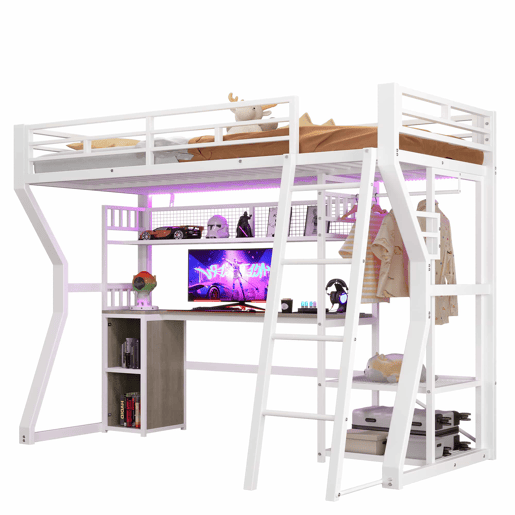 Cama alta 90x200 cm - estrutura em ferro com faixa de luz LED, tomada integrada, zona para pendurar roupa, secretária, prateleiras e espaço de arrumação, espaço aberto na parte inferior - branco