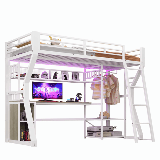 Cama alta 90x200 cm - estrutura em ferro com faixa de luz LED, tomada integrada, zona para pendurar roupa, secretária, prateleiras e espaço de arrumação, espaço aberto na parte inferior - branco