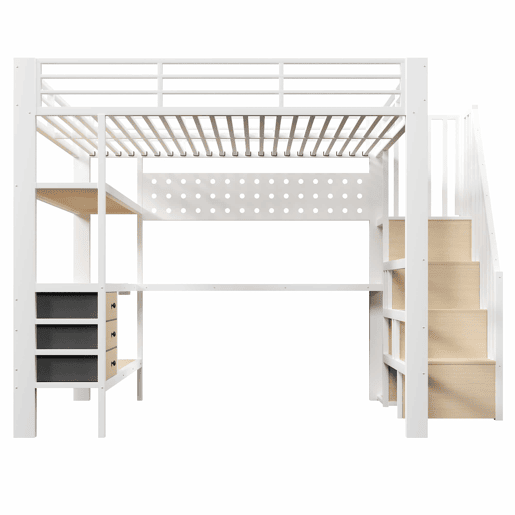 Cama alta 140x200 cm - estrutura metálica com prateleira, gaveta, painel perfurado, secretária, tomada e luz LED, sem colchão - branco