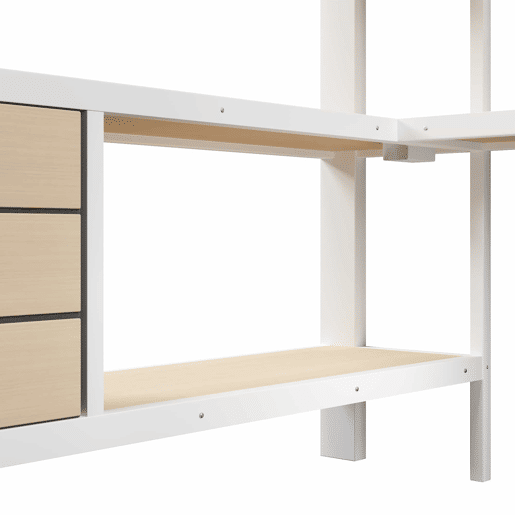 Cama alta 140x200 cm - estrutura metálica com prateleira, gaveta, painel perfurado, secretária, tomada e luz LED, sem colchão - branco