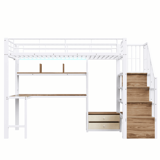 Cama alta 90 x 200 cm - estrutura em ferro, 2 gavetas, grelha para pendurar objetos, fita LED, secretária, escada com espaço de arrumação, sem colchão - branco