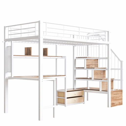 Cama alta 90 x 200 cm - estrutura em ferro, 2 gavetas, grelha para pendurar objetos, fita LED, secretária, escada com espaço de arrumação, sem colchão - branco