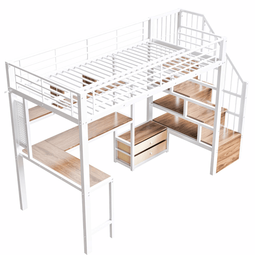 Cama alta 90 x 200 cm - estrutura em ferro, 2 gavetas, grelha para pendurar objetos, fita LED, secretária, escada com espaço de arrumação, sem colchão - branco