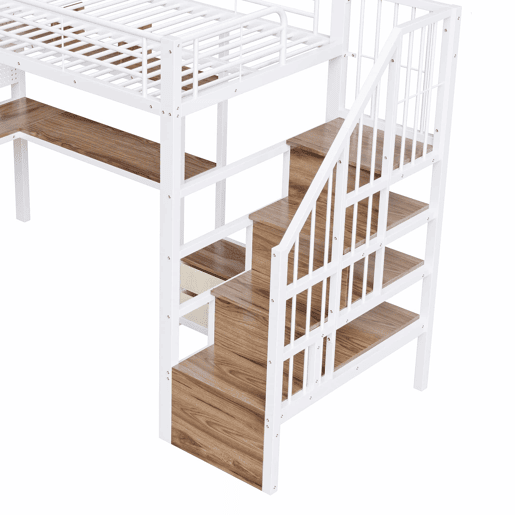 Cama alta 90 x 200 cm - estrutura em ferro, 2 gavetas, grelha para pendurar objetos, fita LED, secretária, escada com espaço de arrumação, sem colchão - branco