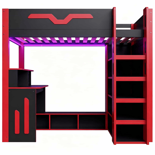 Cama alta 90x200 - em madeira com secretária, arrumação em vários níveis, iluminação LED e escada com espaço de arrumação - Preto e Vermelho