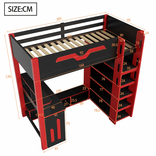 Cama alta 90x200 - em madeira com secretária, arrumação em vários níveis, iluminação LED e escada com espaço de arrumação - Preto e Vermelho