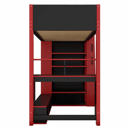 Cama alta 90x200 - em madeira com secretária, arrumação em vários níveis, iluminação LED e escada com espaço de arrumação - Preto e Vermelho
