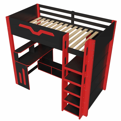Cama alta 90x200 - em madeira com secretária, arrumação em vários níveis, iluminação LED e escada com espaço de arrumação - Preto e Vermelho