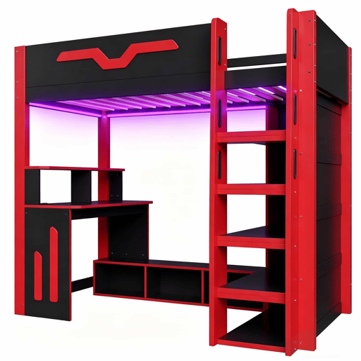 Cama alta 90x200 - em madeira com secretária, arrumação em vários níveis, iluminação LED e escada com espaço de arrumação - Preto e Vermelho