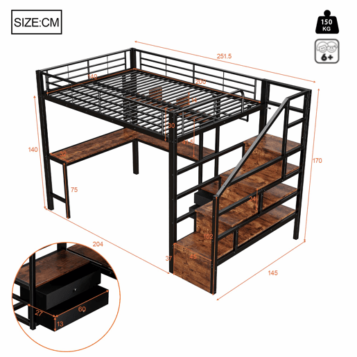 Cama alta 140 x 200 cm - estrutura em ferro com secretária, 2 gavetas, grelha para pendurar objetos, faixa de LED, escadas com espaço de arrumação - preto
