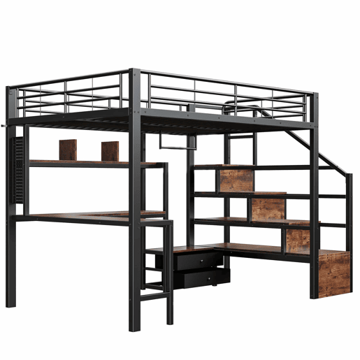 Cama alta 140 x 200 cm - estrutura em ferro com secretária, 2 gavetas, grelha para pendurar objetos, faixa de LED, escadas com espaço de arrumação - preto