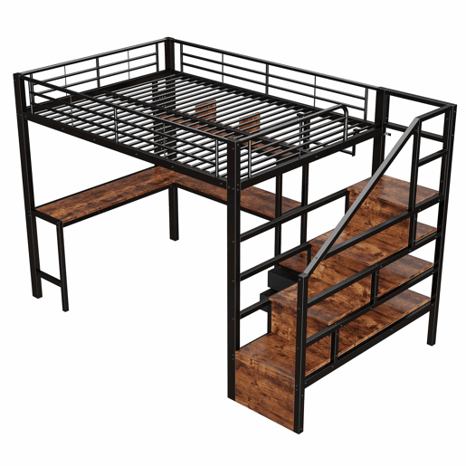 Cama alta 140 x 200 cm - estrutura em ferro com secretária, 2 gavetas, grelha para pendurar objetos, faixa de LED, escadas com espaço de arrumação - preto