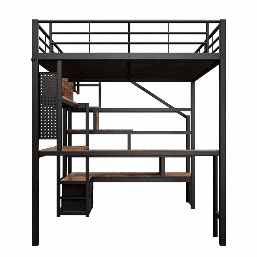 Cama alta 140 x 200 cm - estrutura em ferro com secretária, 2 gavetas, grelha para pendurar objetos, faixa de LED, escadas com espaço de arrumação - preto